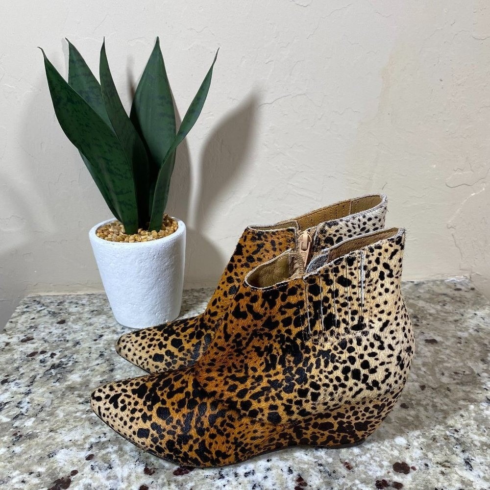 Matisse Leopard Print Calf Hair Wedge Ankle Boots Pointed Toe Brown Tan Womens 6 - Picture 3 of 6